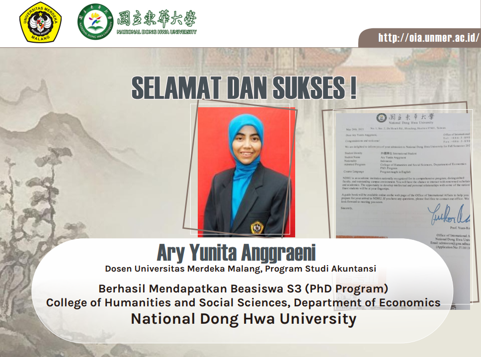 Congratulation!, UNMER Malang Accounting Lecturer gets a doctoral scholarship at National Dong Hwa University